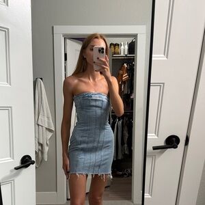 Zara Light Blue Strapless Denim Dress